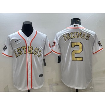 Men's Houston Astros #2 Alex Bregman White Gold 2022 World Series Stitched Baseball Jersey Men's Houston Astros #2 Alex Bregman White Gold 2022 World Series Stitched Baseball Jersey