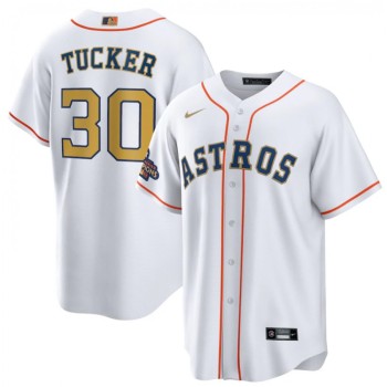 Men's Houston Astros #30 Kyle Tucker White 2023 Gold Collection With World Serise Champions Patch Cool Base Stitched Baseball Jersey Men's Houston Astros #30 Kyle Tucker White 2023 Gold Collection With World Serise Champions Patch Cool Base Stitched Baseball Jersey