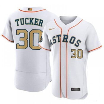 Men's Houston Astros #30 Kyle Tucker White 2023 Gold Collection With World Serise Champions Patch Stitched Baseball Jersey Men's Houston Astros #30 Kyle Tucker White 2023 Gold Collection With World Serise Champions Patch Stitched Baseball Jersey