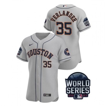 Men's Houston Astros #35 Justin Verlander 2021 Grey World Series Flex Base Stitched Baseball Jersey Men's Houston Astros #35 Justin Verlander 2021 Grey World Series Flex Base Stitched Baseball Jersey