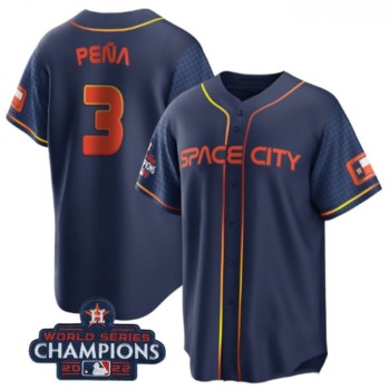 Men's Houston Astros #3 Jeremy Pena Navy 2022 World Series Champions City Connect Stitched Baseball Jersey Men's Houston Astros #3 Jeremy Pena Navy 2022 World Series Champions City Connect Stitched Baseball Jersey