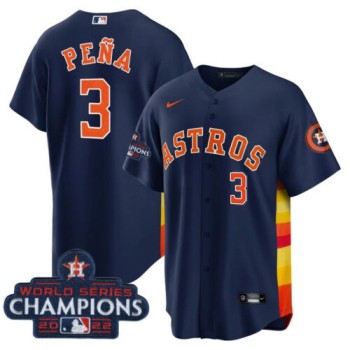 Men's Houston Astros #3 Jeremy Pena Navy 2022 World Series Champions Cool Base With No. in Front Stitched Baseball Jersey Men's Houston Astros #3 Jeremy Pena Navy 2022 World Series Champions Cool Base With No. in Front Stitched Baseball Jersey