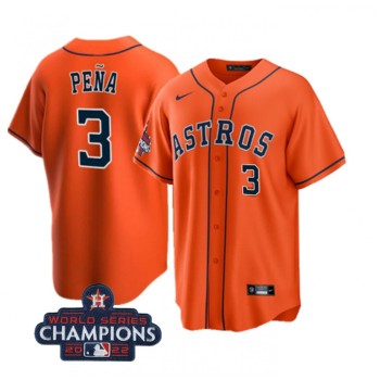 Men's Houston Astros #3 Jeremy Pena Orange 2022 World Series Champions Cool Base With No. in Front Stitched Baseball Jersey Men's Houston Astros #3 Jeremy Pena Orange 2022 World Series Champions Cool Base With No. in Front Stitched Baseball Jersey