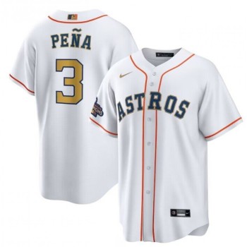 Men's Houston Astros #3 Jeremy Pena White 2023 Gold Collection With World Serise Champions Patch Cool Base Stitched Baseball Jersey Men's Houston Astros #3 Jeremy Pena White 2023 Gold Collection With World Serise Champions Patch Cool Base Stitched Baseball Jersey
