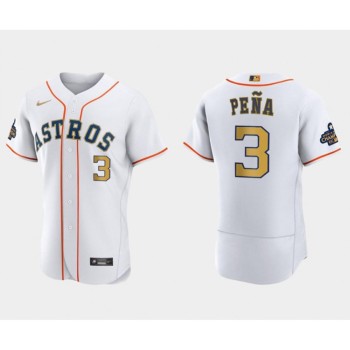 Men's Houston Astros #3 Jeremy Pena White 2023 Gold Collection With World Serise Champions Patch Stitched Baseball Jersey Men's Houston Astros #3 Jeremy Pena White 2023 Gold Collection With World Serise Champions Patch Stitched Baseball Jersey