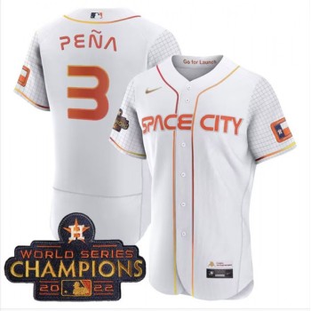 Men's Houston Astros #3 Jeremy Pena White With 2022 World Serise Champions Patch Stitched Baseball Jersey Men's Houston Astros #3 Jeremy Pena White With 2022 World Serise Champions Patch Stitched Baseball Jersey