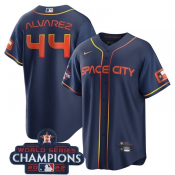 Men's Houston Astros #44 Yordan Alvarez Navy 2022 World Series Champions City Connect Stitched Baseball Jersey Men's Houston Astros #44 Yordan Alvarez Navy 2022 World Series Champions City Connect Stitched Baseball Jersey