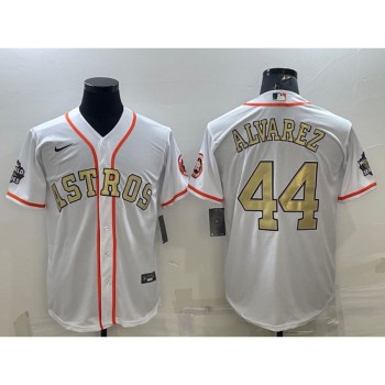 Men's Houston Astros #44 Yordan Alvarez White Gold 2022 World Series Stitched Baseball Jersey Men's Houston Astros #44 Yordan Alvarez White Gold 2022 World Series Stitched Baseball Jersey