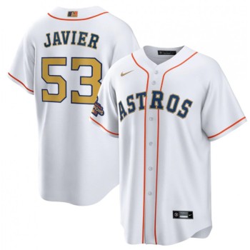 Men's Houston Astros #53 Cristian Javier White 2023 Gold Collection With World Serise Champions Patch Cool Base Stitched Baseball Jersey Men's Houston Astros #53 Cristian Javier White 2023 Gold Collection With World Serise Champions Patch Cool Base Stitched Baseball Jersey