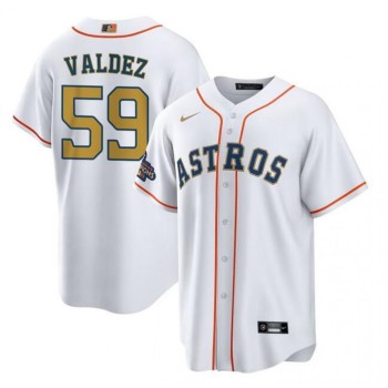 Men's Houston Astros #59 Framber Valdez White/Gold Cool Base Stitched Baseball Jersey Men's Houston Astros #59 Framber Valdez White/Gold Cool Base Stitched Baseball Jersey
