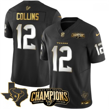 Men's Houston Texans #12 Nico Collins Black Golden 2023 F.U.S.E. With AFC South Champions Patch And Team Logo Patch Limited Stitched Football Jersey Men's Houston Texans #12 Nico Collins Black Golden 2023 F.U.S.E. With AFC South Champions Patch And Team Logo Patch Limited Stitched Football Jersey