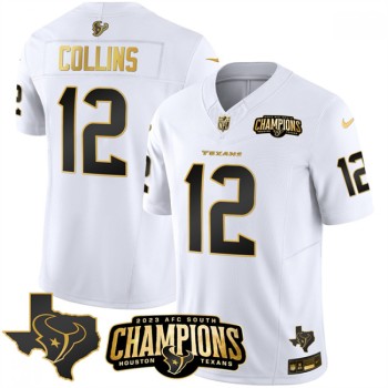 Men's Houston Texans #12 Nico Collins White Golden 2023 F.U.S.E. With AFC South Champions Patch And Team Logo Patch Limited Stitched Football Jersey Men's Houston Texans #12 Nico Collins White Golden 2023 F.U.S.E. With AFC South Champions Patch And Team Logo Patch Limited Stitched Football Jersey