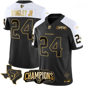 Men's Houston Texans #24 Derek Stingley Jr. Black/White Golden 2023 F.U.S.E. With AFC South Champions Patch And Team Logo Patch Limited Stitched Football Jersey Men's Houston Texans #24 Derek Stingley Jr. Black/White Golden 2023 F.U.S.E. With AFC South Champions Patch And Team Logo Patch Limited Stitched Football Jersey
