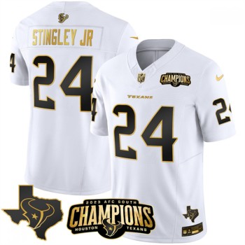 Men's Houston Texans #24 Derek Stingley Jr. White Golden 2023 F.U.S.E. With AFC South Champions Patch And Team Logo Patch Limited Stitched Football Jersey Men's Houston Texans #24 Derek Stingley Jr. White Golden 2023 F.U.S.E. With AFC South Champions Patch And Team Logo Patch Limited Stitched Football Jersey