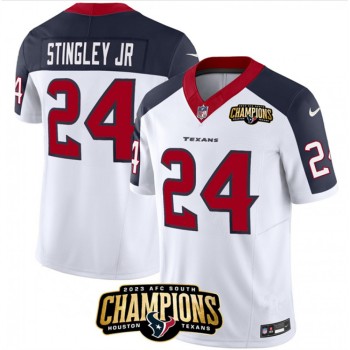 Men's Houston Texans #24 Derek Stingley Jr. White/Navy 2023 F.U.S.E. With AFC South Champions Patch And Team Logo Patch Limited Stitched Football Jersey Men's Houston Texans #24 Derek Stingley Jr. White/Navy 2023 F.U.S.E. With AFC South Champions Patch And Team Logo Patch Limited Stitched Football Jersey