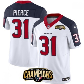 Men's Houston Texans #31 Dameon Pierce White/Navy 2023 F.U.S.E. AFC South Champions Patch Limited Stitched Football Jersey Men's Houston Texans #31 Dameon Pierce White/Navy 2023 F.U.S.E. AFC South Champions Patch Limited Stitched Football Jersey