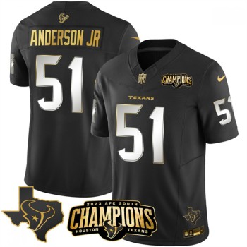 Men's Houston Texans #51 Will Anderson Jr. Black Golden 2023 F.U.S.E. With AFC South Champions Patch And Team Logo Patch Limited Stitched Football Jersey Men's Houston Texans #51 Will Anderson Jr. Black Golden 2023 F.U.S.E. With AFC South Champions Patch And Team Logo Patch Limited Stitched Football Jersey