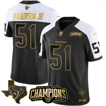 Men's Houston Texans #51 Will Anderson Jr. Black/White Golden 2023 F.U.S.E. With AFC South Champions Patch And Team Logo Patch Limited Stitched Football Jersey Men's Houston Texans #51 Will Anderson Jr. Black/White Golden 2023 F.U.S.E. With AFC South Champions Patch And Team Logo Patch Limited Stitched Football Jersey