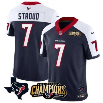 Men's Houston Texans #7 C.J. Stroud Navy/White 2023 F.U.S.E. AFC South Champions Patch And Team Logo Patch Vapor Untouchable Limited Stitched Football Jersey Men's Houston Texans #7 C.J. Stroud Navy/White 2023 F.U.S.E. AFC South Champions Patch And Team Logo Patch Vapor Untouchable Limited Stitched Football Jersey