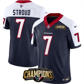 Men's Houston Texans #7 C.J. Stroud Navy/White 2023 F.U.S.E. AFC South Champions Patch Limited Stitched Football Jersey Men's Houston Texans #7 C.J. Stroud Navy/White 2023 F.U.S.E. AFC South Champions Patch Limited Stitched Football Jersey