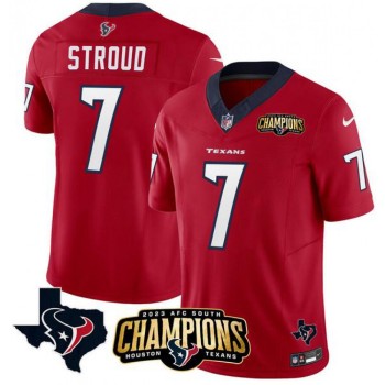 Men's Houston Texans #7 C.J. Stroud Red 2023 F.U.S.E. AFC South Champions Patch And Team Logo Patch Vapor Untouchable Limited Stitched Football Jersey Men's Houston Texans #7 C.J. Stroud Red 2023 F.U.S.E. AFC South Champions Patch And Team Logo Patch Vapor Untouchable Limited Stitched Football Jersey