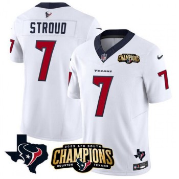 Men's Houston Texans #7 C.J. Stroud White 2023 F.U.S.E. AFC South Champions Patch And Team Logo Patch Vapor Untouchable Limited Stitched Football Jersey Men's Houston Texans #7 C.J. Stroud White 2023 F.U.S.E. AFC South Champions Patch And Team Logo Patch Vapor Untouchable Limited Stitched Football Jersey