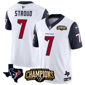 Men's Houston Texans #7 C.J. Stroud White/Navy 2023 F.U.S.E. AFC South Champions Patch And Team Logo Patch Vapor Untouchable Limited Stitched Football Jersey Men's Houston Texans #7 C.J. Stroud White/Navy 2023 F.U.S.E. AFC South Champions Patch And Team Logo Patch Vapor Untouchable Limited Stitched Football Jersey