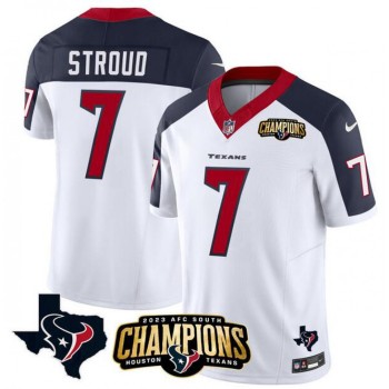 Men's Houston Texans #7 C.J. Stroud White/Navy 2023 F.U.S.E. AFC South Champions Patch And Team Logo Patch Vapor Untouchable Limited Stitched Football Jersey Men's Houston Texans #7 C.J. Stroud White/Navy 2023 F.U.S.E. AFC South Champions Patch And Team Logo Patch Vapor Untouchable Limited Stitched Football Jersey