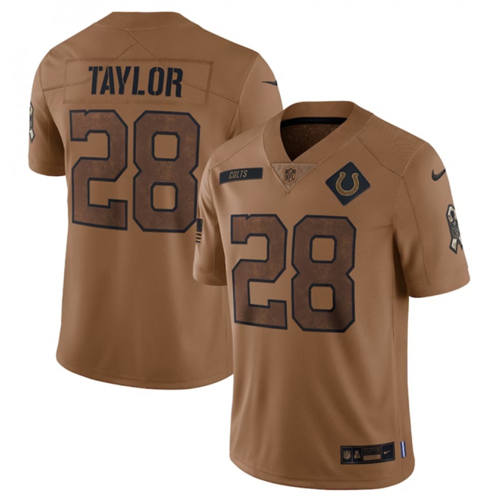 Men's Indianapolis Colts #28 Jonathan Taylor 2023 Brown Salute To Sertvice  Stitched Football Jersey