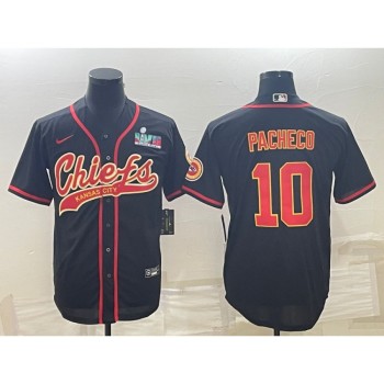 Men's Kansas City Chiefs #10 Isiah Pacheco Black With Super Bowl LVII Patch Cool Base Stitched Baseball Jersey Men's Kansas City Chiefs #10 Isiah Pacheco Black With Super Bowl LVII Patch Cool Base Stitched Baseball Jersey