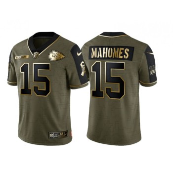 Men's Kansas City Chiefs #15 Patrick Mahomes 2021 Olive Salute To Service Golden Limited Stitched Jersey Men's Kansas City Chiefs #15 Patrick Mahomes 2021 Olive Salute To Service Golden Limited Stitched Jersey