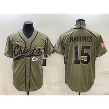 Men's Kansas City Chiefs #15 Patrick Mahomes 2022 Olive Salute to Service Cool Base Stitched Baseball Jersey Men's Kansas City Chiefs #15 Patrick Mahomes 2022 Olive Salute to Service Cool Base Stitched Baseball Jersey