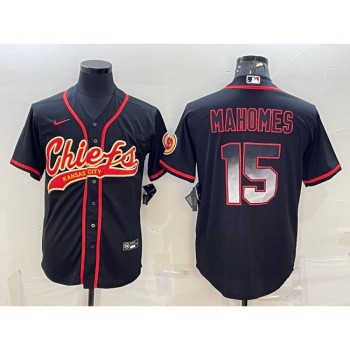 Men's Kansas City Chiefs #15 Patrick Mahomes Black Red With Patch Cool Base Stitched Baseball Jersey Men's Kansas City Chiefs #15 Patrick Mahomes Black Red With Patch Cool Base Stitched Baseball Jersey