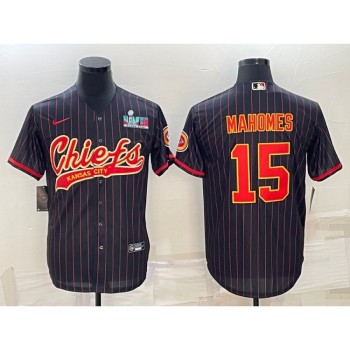 Men's Kansas City Chiefs #15 Patrick Mahomes Black With Super Bowl LVII Patch Cool Base Stitched Baseball Jersey Men's Kansas City Chiefs #15 Patrick Mahomes Black With Super Bowl LVII Patch Cool Base Stitched Baseball Jersey