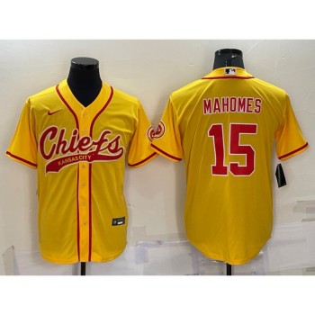 Men's Kansas City Chiefs #15 Patrick Mahomes Gold With Patch Cool Base Stitched Baseball Jersey Men's Kansas City Chiefs #15 Patrick Mahomes Gold With Patch Cool Base Stitched Baseball Jersey