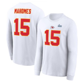 Men's Kansas City Chiefs #15 Patrick Mahomes White Super Bowl LVII Name & Number Long Sleeve T-Shirt Men's Kansas City Chiefs #15 Patrick Mahomes White Super Bowl LVII Name & Number Long Sleeve T-Shirt