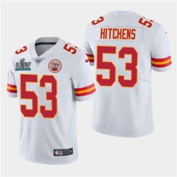 Men's Kansas City Chiefs #53 Anthony Hitchens White Super Bowl LIV With 100th Season Patch Vapor Untouchable Limited Stitched NFL Jersey Men's Kansas City Chiefs #53 Anthony Hitchens White Super Bowl LIV With 100th Season Patch Vapor Untouchable Limited Stitched NFL Jersey