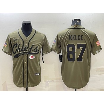 Men's Kansas City Chiefs #87 Travis Kelce 2022 Olive Salute to Service Cool Base Stitched Baseball Jersey Men's Kansas City Chiefs #87 Travis Kelce 2022 Olive Salute to Service Cool Base Stitched Baseball Jersey