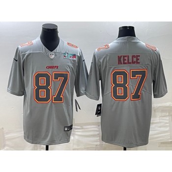 Men's Kansas City Chiefs #87 Travis Kelce Gray Super Bowl LVII Patch Atmosphere Fashion Stitched Jersey Men's Kansas City Chiefs #87 Travis Kelce Gray Super Bowl LVII Patch Atmosphere Fashion Stitched Jersey