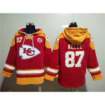 Men's Kansas City Chiefs #87 Travis Kelce Red Lace-Up Pullover Hoodie Men's Kansas City Chiefs #87 Travis Kelce Red Lace-Up Pullover Hoodie