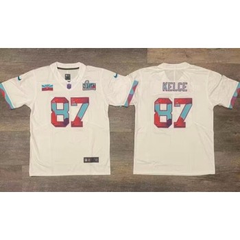 Men's Kansas City Chiefs #87 Travis Kelce White Super Bowl LVII Patch Vapor Untouchable Limited Stitched Jersey Men's Kansas City Chiefs #87 Travis Kelce White Super Bowl LVII Patch Vapor Untouchable Limited Stitched Jersey