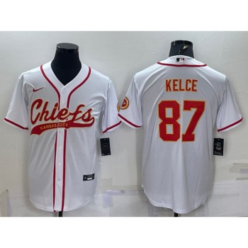 Men's Kansas City Chiefs #87 Travis Kelce White With Patch Cool Base Stitched Baseball Jersey Men's Kansas City Chiefs #87 Travis Kelce White With Patch Cool Base Stitched Baseball Jersey