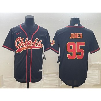 Men's Kansas City Chiefs #95 Chris Jones Black With Patch Cool Base Stitched Baseball Jersey Men's Kansas City Chiefs #95 Chris Jones Black With Patch Cool Base Stitched Baseball Jersey