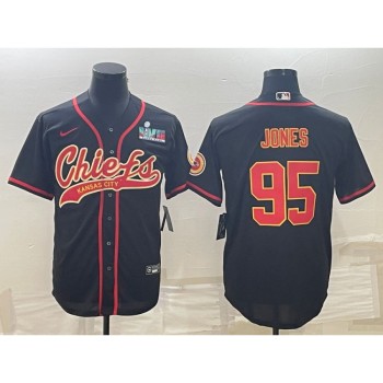 Men's Kansas City Chiefs #95 Chris Jones Black With Super Bowl LVII Patch Cool Base Stitched Baseball Jersey Men's Kansas City Chiefs #95 Chris Jones Black With Super Bowl LVII Patch Cool Base Stitched Baseball Jersey