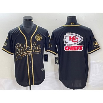Men's Kansas City Chiefs Black Gold Team Big Logo With Patch Cool Base Stitched Baseball Jersey Men's Kansas City Chiefs Black Gold Team Big Logo With Patch Cool Base Stitched Baseball Jersey
