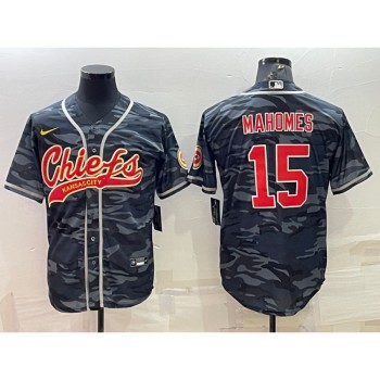 Men's Kansas City Chiefs Blank #15 Patrick Mahomes Grey/Navy Camo With Patch Cool Base Stitched Baseball Jersey Men's Kansas City Chiefs Blank #15 Patrick Mahomes Grey/Navy Camo With Patch Cool Base Stitched Baseball Jersey