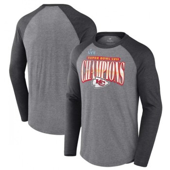 Men's Kansas City Chiefs Gray Charcoal Super Bowl LVII Champions Rewrite History Raglan Long Sleeve T-Shirt Men's Kansas City Chiefs Gray Charcoal Super Bowl LVII Champions Rewrite History Raglan Long Sleeve T-Shirt
