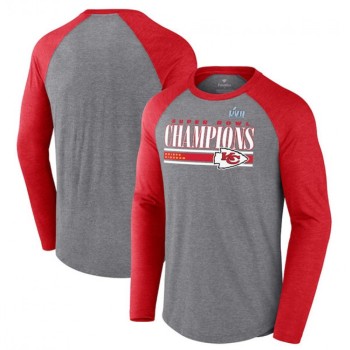 Men's Kansas City Chiefs Gray Red Super Bowl LVII Champions Perfect Addition Tri-Blend Raglan Long Sleeve T-Shirt Men's Kansas City Chiefs Gray Red Super Bowl LVII Champions Perfect Addition Tri-Blend Raglan Long Sleeve T-Shirt