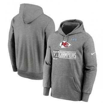 Men's Kansas City Chiefs Gray Super Bowl LVII Champions Logo Fleece Pullover Hoodie Men's Kansas City Chiefs Gray Super Bowl LVII Champions Logo Fleece Pullover Hoodie