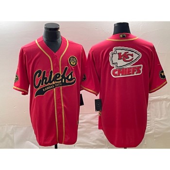 Men's Kansas City Chiefs Red Gold Team Big Logo With Patch Cool Base Stitched Baseball Jersey Men's Kansas City Chiefs Red Gold Team Big Logo With Patch Cool Base Stitched Baseball Jersey